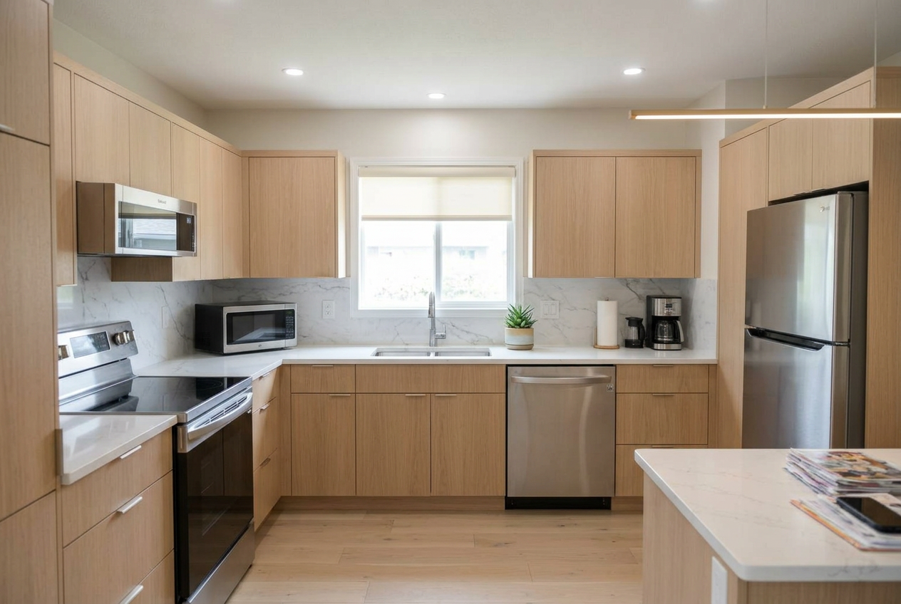 Modern remodeled kitchen with white oak cabinets, quartz island, and matte black fixtures